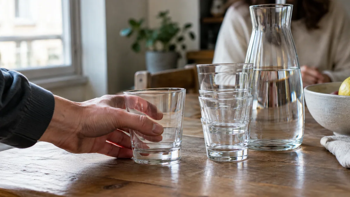 Verres à eau transparents empilés sur une table de cuisine en bois, près d'une fenêtre, une main en saisit un