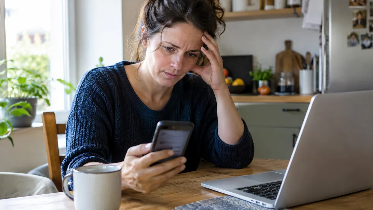 Une femme assise à la table de sa cuisine consulte son smartphone avec inquiétude, un ordinateur portable ouvert à côté d'elle