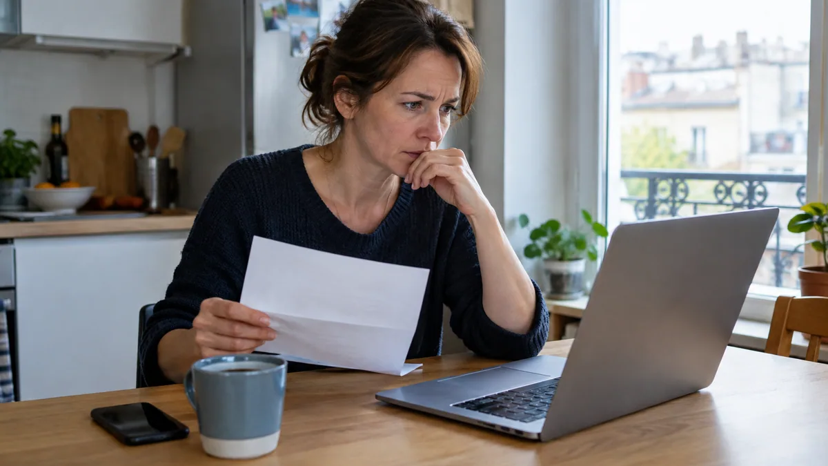 Une femme assise à une table de cuisine tient une lettre et regarde l'écran de son ordinateur portable, l'air préoccupé, à la lumière du jour