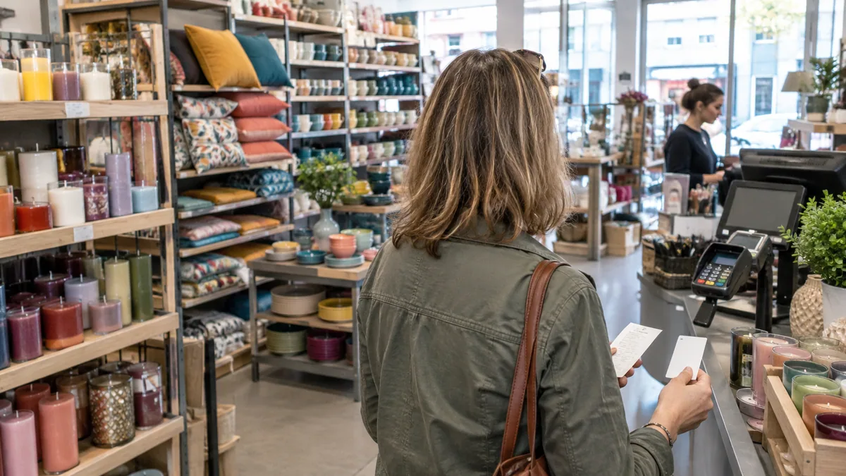 Allée d'un magasin de décoration à petits prix près des caisses, une cliente de dos tient un ticket et une carte vierge