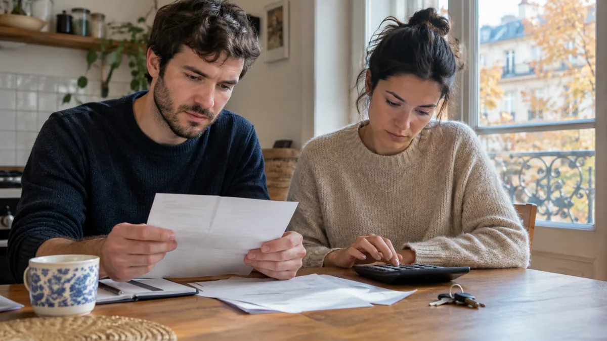 Un couple relit un courrier et fait un calcul sur une calculatrice à la table de la cuisine de son appartement