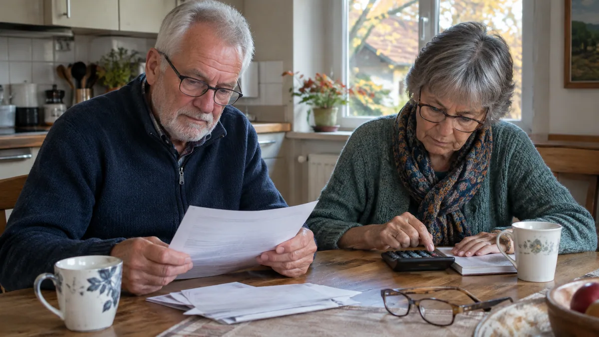 Un couple de retraités à la table de la cuisine, l'homme lit un courrier, la femme fait un calcul sur une calculatrice