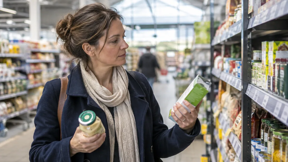 Une cliente compare deux produits d'épicerie devant les étiquettes de prix d'un rayon de supermarché