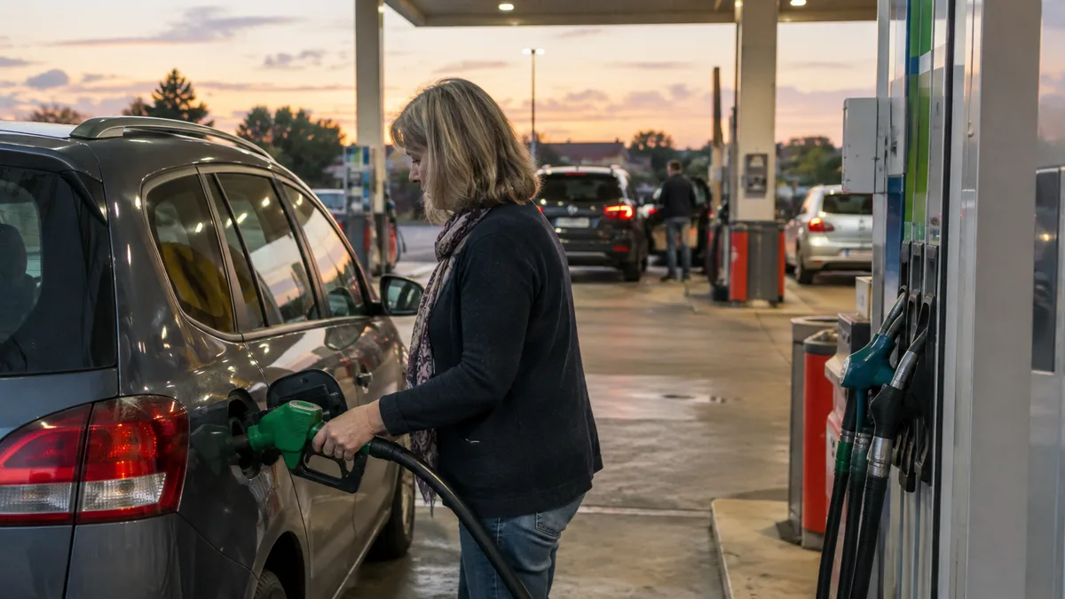 Une femme fait le plein d'une petite voiture familiale à une station-service au crépuscule, d'autres véhicules attendent aux pompes voisines