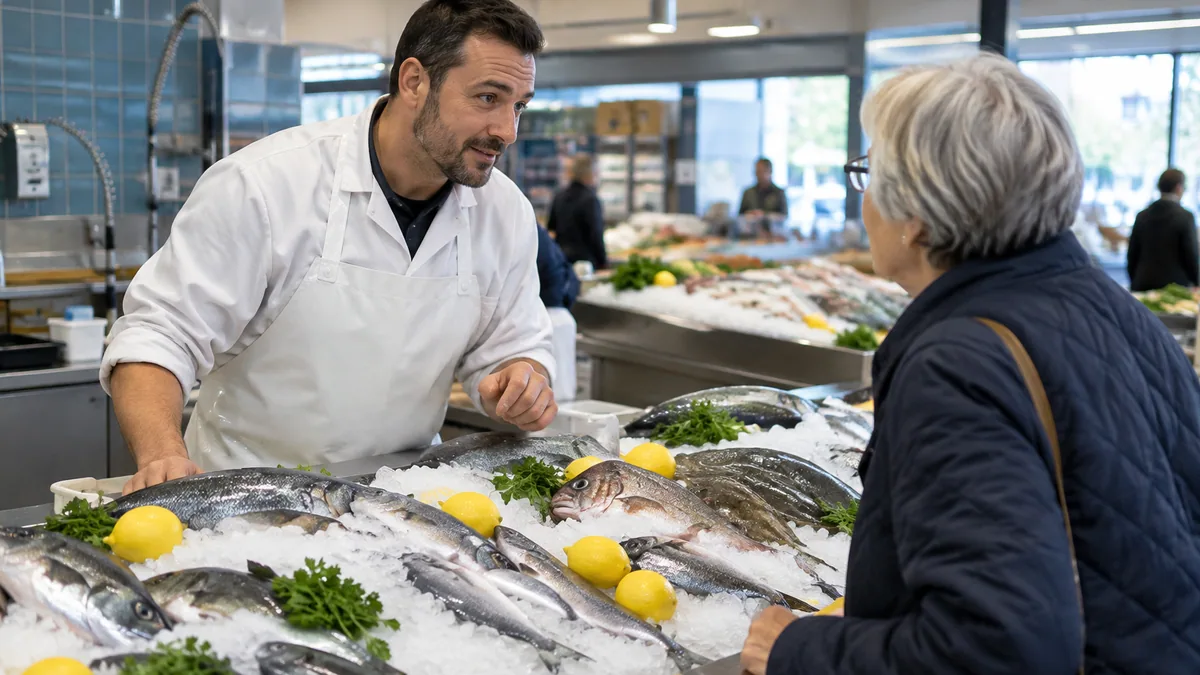 Un poissonnier derrière un étal de poissons sur glace pilée échange avec une cliente au rayon marée d'un supermarché