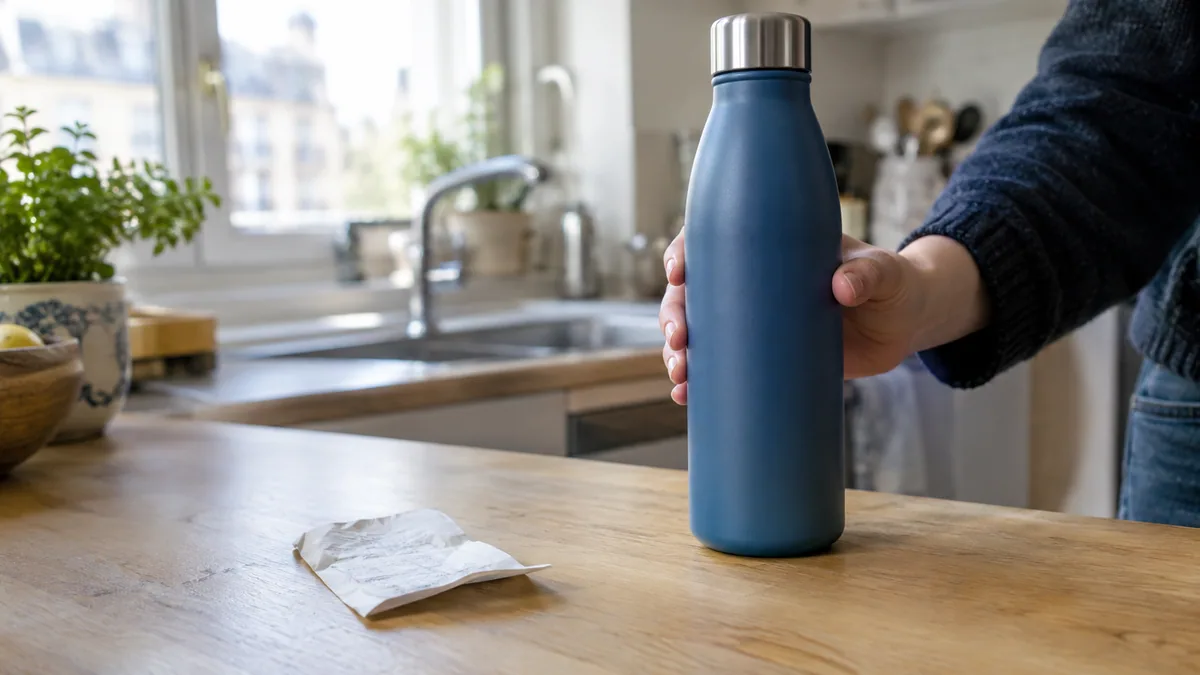 Une main pose une gourde métallique unie sur un plan de travail de cuisine, à côté d'un ticket de caisse froissé
