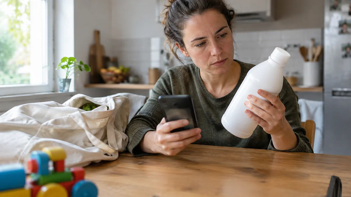 Un parent compare l'écran de son téléphone avec le col d'une bouteille blanche sans étiquette, assis à la table d'une cuisine