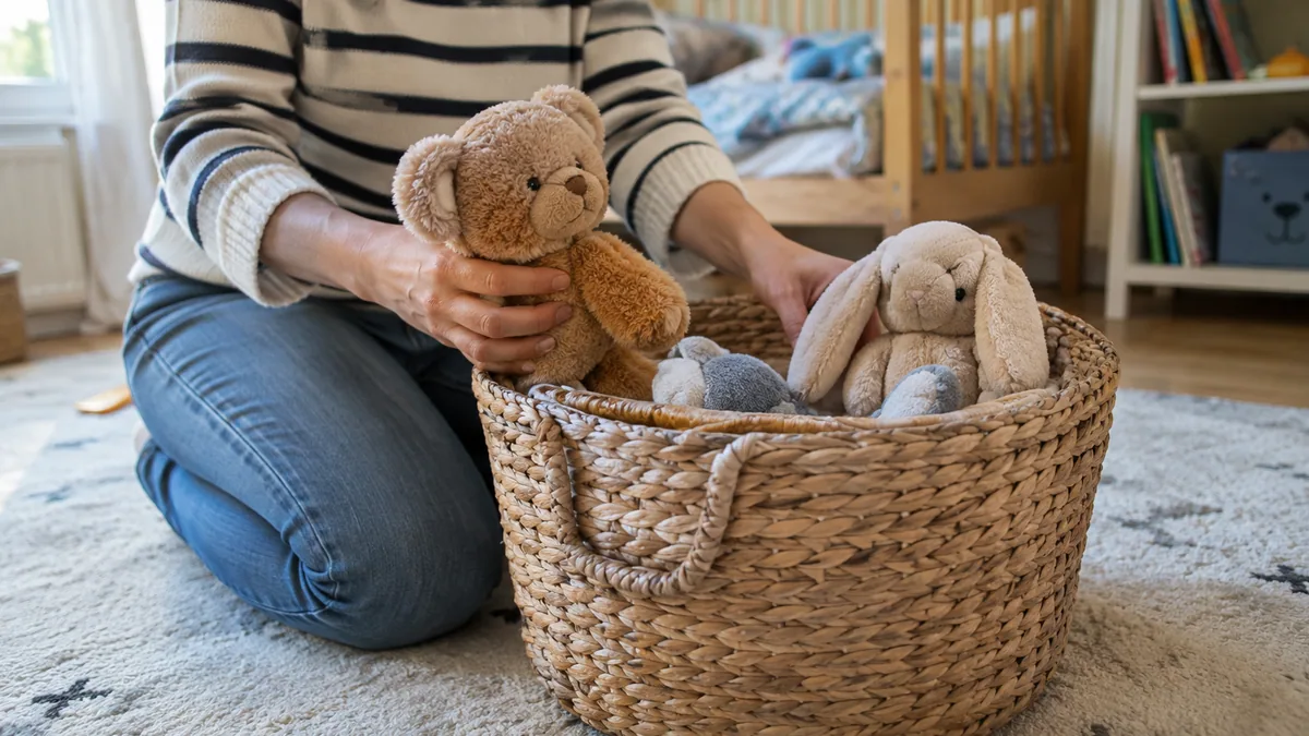Dans une chambre d'enfant, un adulte trie des peluches unies sorties d'un panier en osier posé sur un tapis