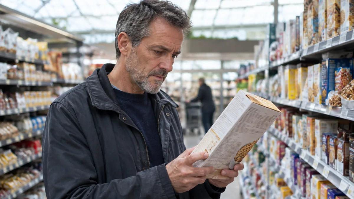 Un homme lit le dos d'une boîte de céréales sans marque dans le rayon petit-déjeuner d'un supermarché